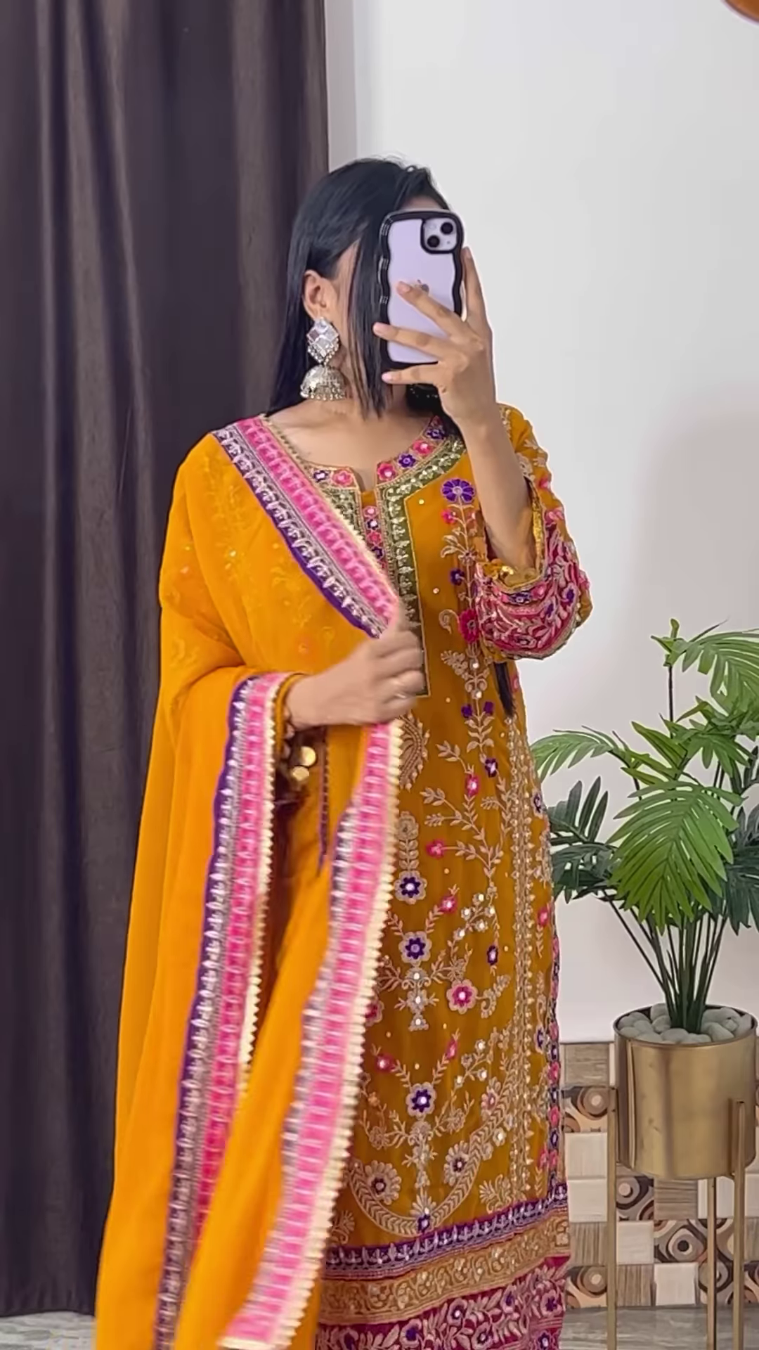 Mustard Yellow Silk Kurta with Ethnic Floral Embroidery and Pink Dupatta - Vibrant Festive Suit Set
