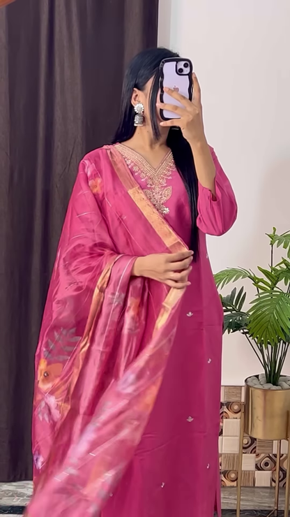Mustard Yellow Silk Kurta with Ethnic Floral Embroidery and Pink Dupatta - Vibrant Festive Suit Set