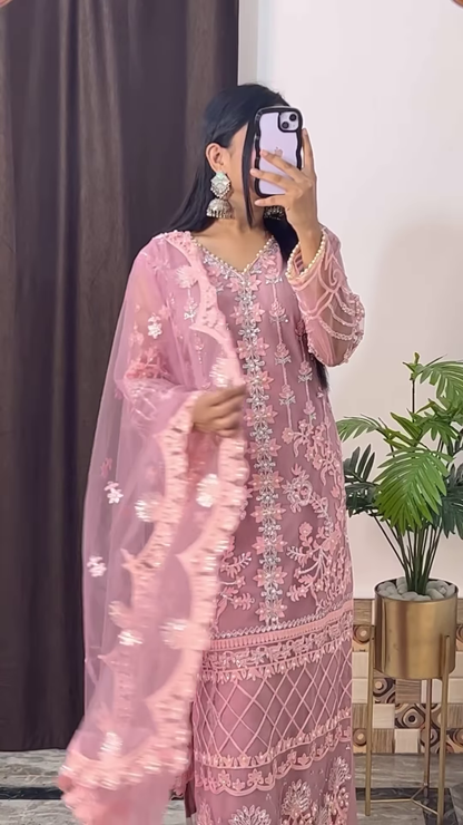 Mustard Yellow Silk Kurta with Ethnic Floral Embroidery and Pink Dupatta - Vibrant Festive Suit Set