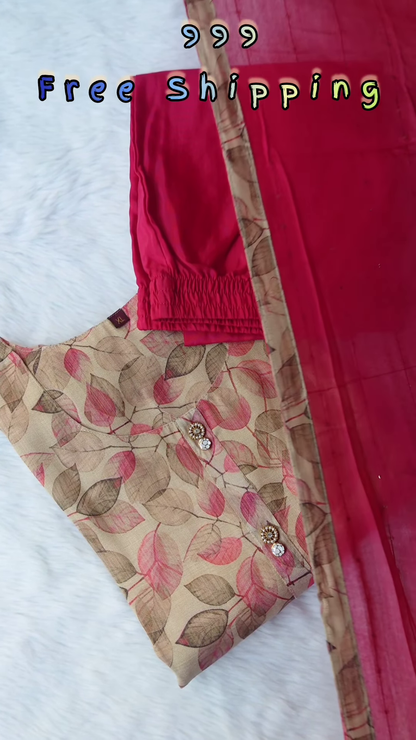 Soft Beige Chanderi Kurta with Pastel Floral Print and Magenta Silk Pants - Elegant Semi-Formal Ethnic Set