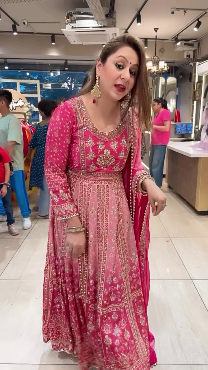 Fuchsia Pink Anarkali Gown with Intricate Mirror and Gota Patti Work - Grand Festive Wedding Outfit