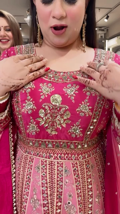 Fuchsia Pink Anarkali Gown with Intricate Mirror and Gota Patti Work - Grand Festive Wedding Outfit