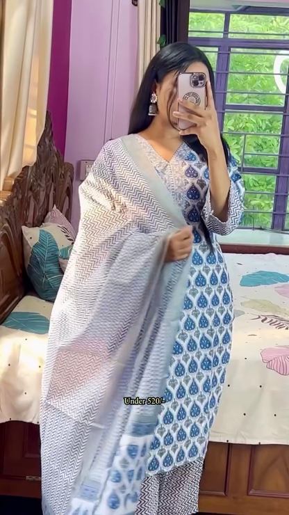 Bottle Green Georgette Kurta with Heavy Cream Thread Embroidery and Matching Dupatta - Elegant Ethnic Ensemble