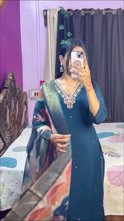 Bottle Green Georgette Kurta with Heavy Cream Thread Embroidery and Matching Dupatta - Elegant Ethnic Ensemble