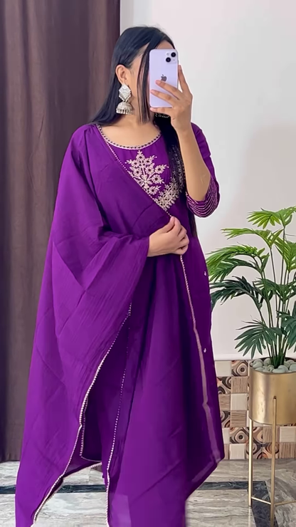 Deep Magenta Silk Kurta with Gold Zari Yoke and Floral Printed Dupatta - Modern Festive Ethnic Suit