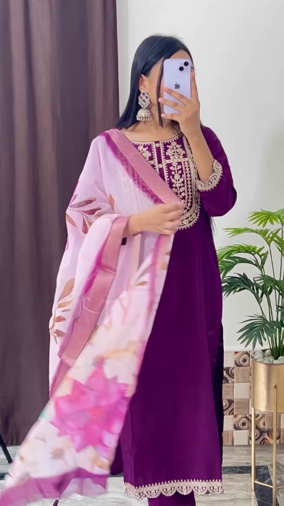 Deep Magenta Silk Kurta with Gold Zari Yoke and Floral Printed Dupatta - Modern Festive Ethnic Suit