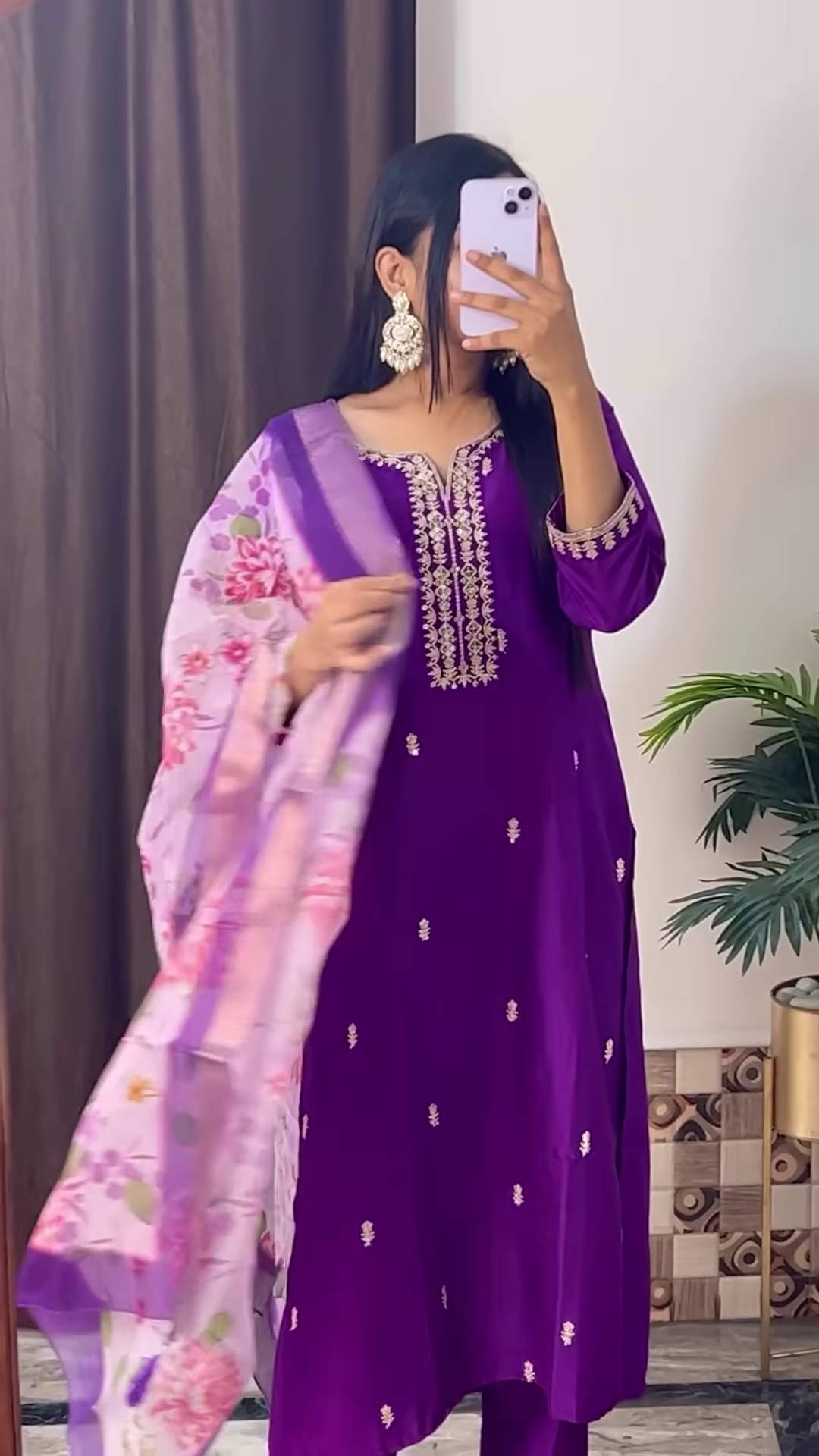 Deep Magenta Silk Kurta with Gold Zari Yoke and Floral Printed Dupatta - Modern Festive Ethnic Suit