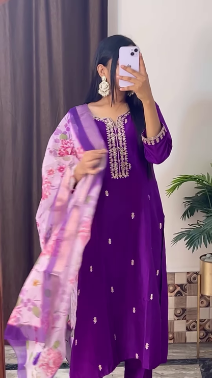 Deep Magenta Silk Kurta with Gold Zari Yoke and Floral Printed Dupatta - Modern Festive Ethnic Suit