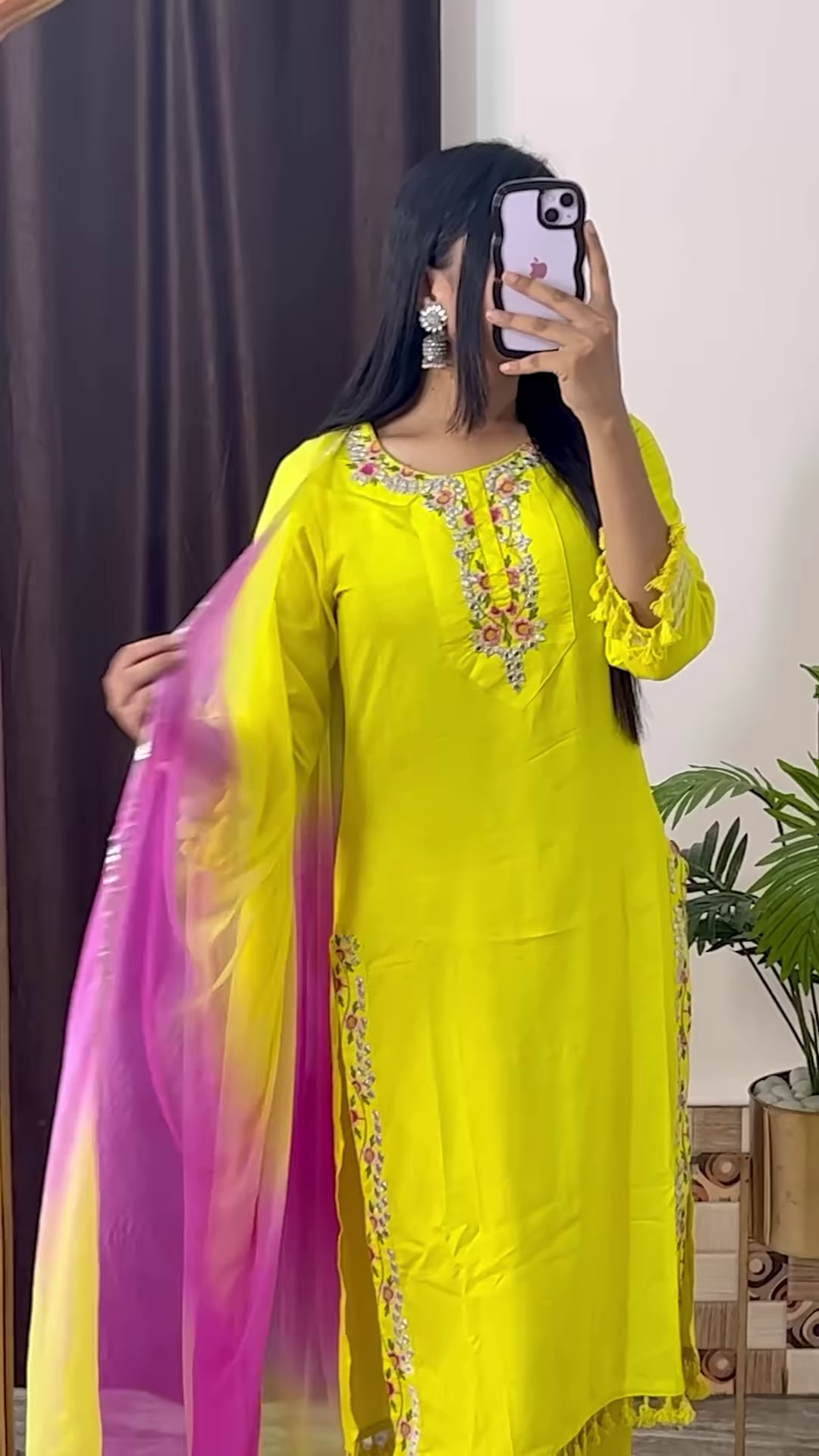 Deep Magenta Silk Kurta with Gold Zari Yoke and Floral Printed Dupatta - Modern Festive Ethnic Suit