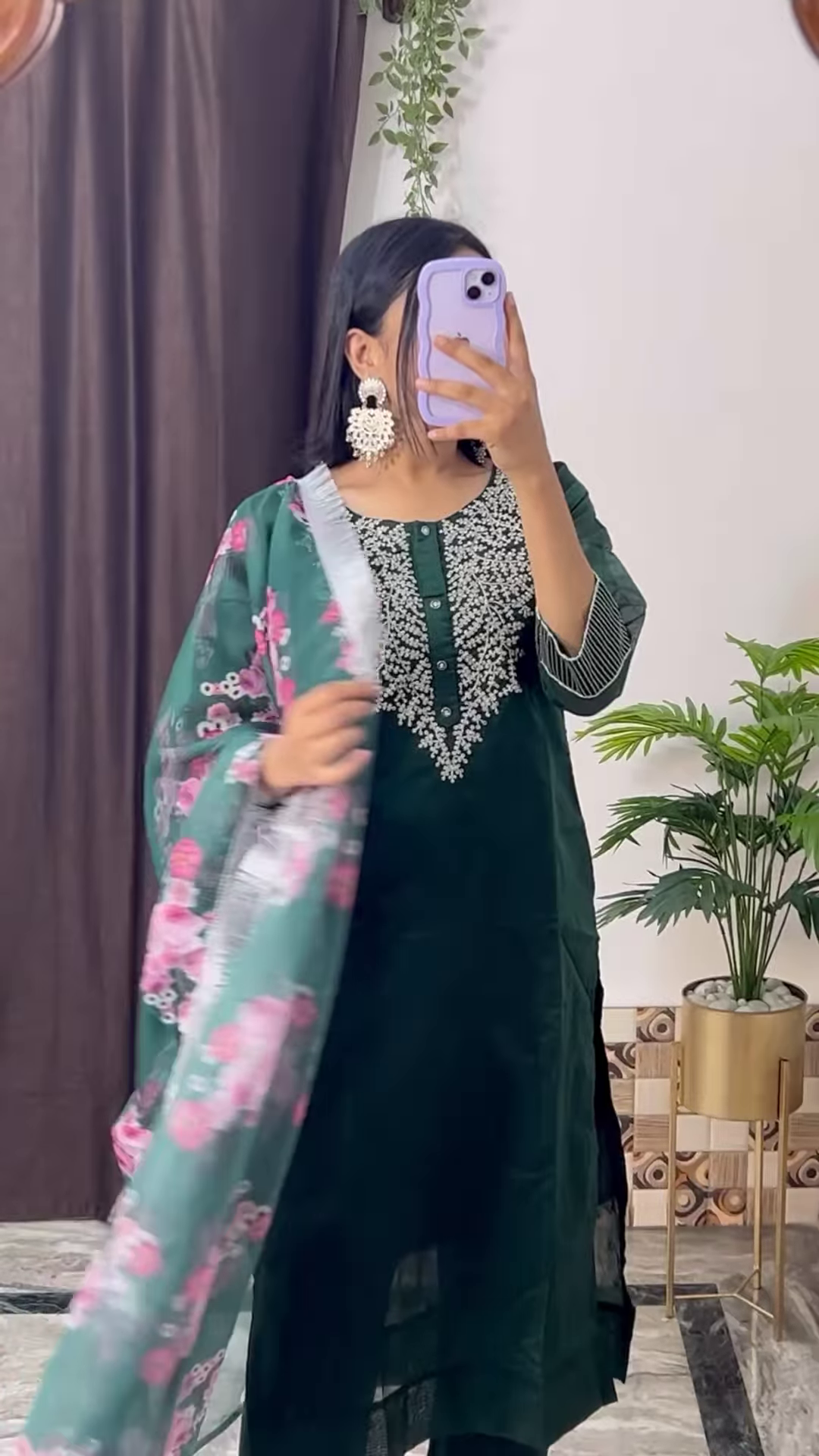 Elegant Dark Teal Green Kurta with White Floral Embroidery and Printed Organza Dupatta - Chic Ethnic Set