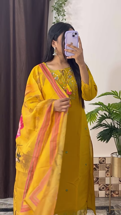 Elegant Dark Teal Green Kurta with White Floral Embroidery and Printed Organza Dupatta - Chic Ethnic Set