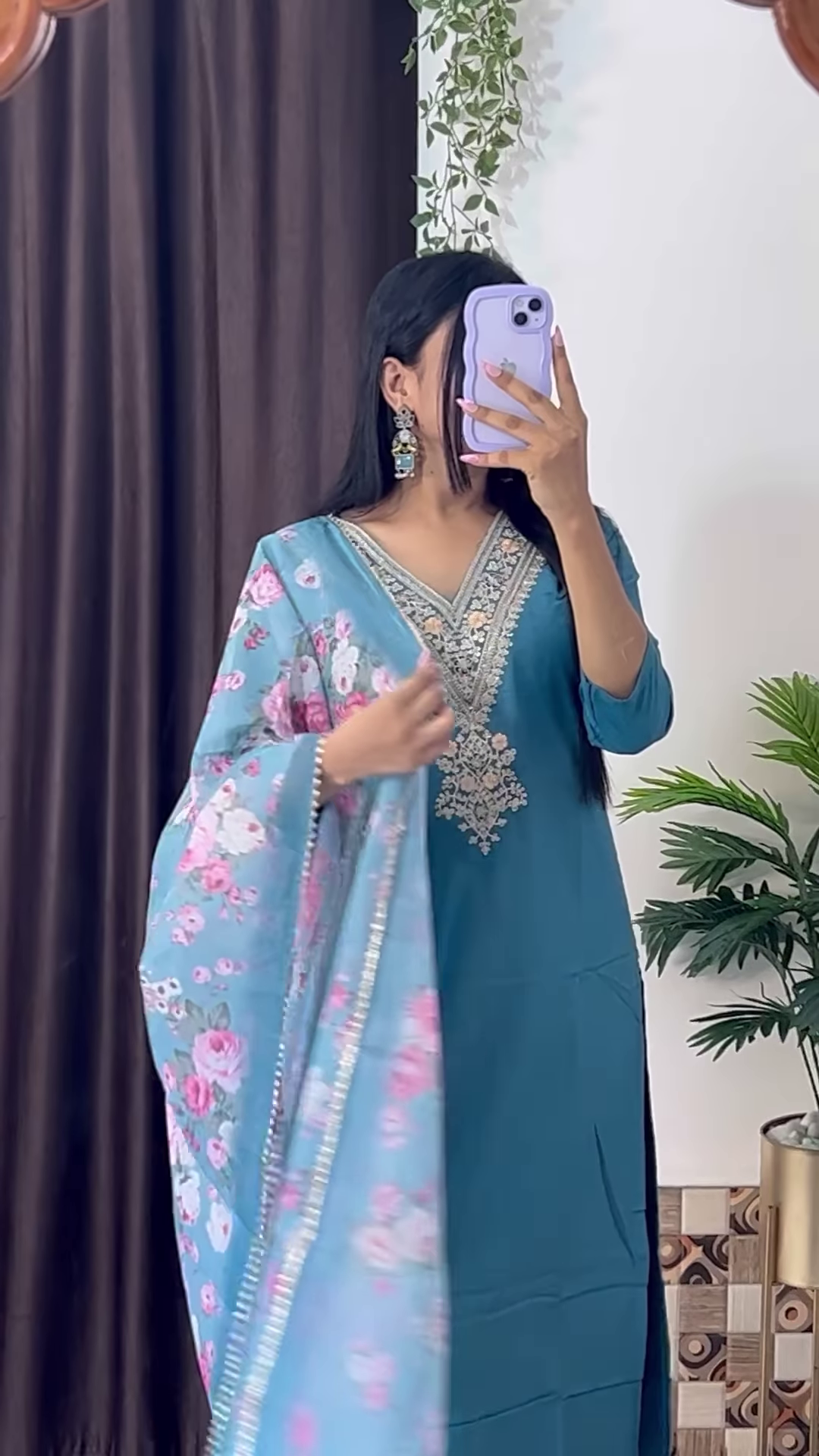 Elegant Dark Teal Green Kurta with White Floral Embroidery and Printed Organza Dupatta - Chic Ethnic Set