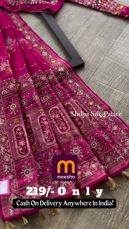 Vibrant Hot Pink Silk Blouse and Saree Set with Heavy Mirror and Zari Work - Traditional Wedding Collection
