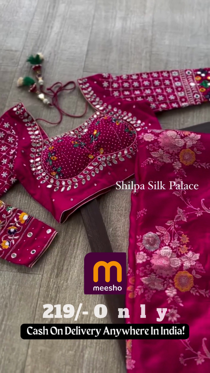 Vibrant Hot Pink Silk Blouse and Saree Set with Heavy Mirror and Zari Work - Traditional Wedding Collection