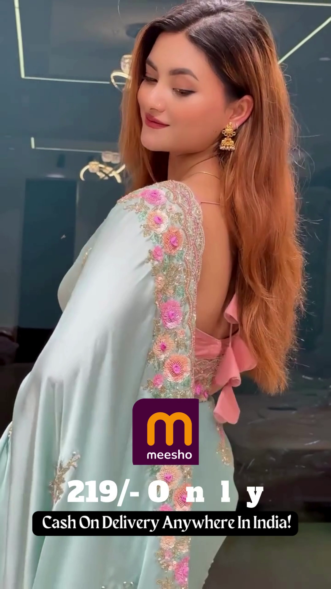 Soft Mint Green Saree with Pink Floral Embroidery and Scalloped Border - Designer Pastel Ethnic Wear