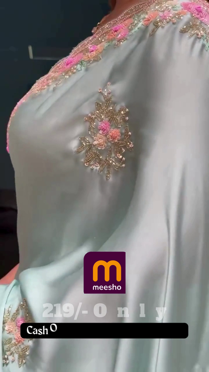 Soft Mint Green Saree with Pink Floral Embroidery and Scalloped Border - Designer Pastel Ethnic Wear
