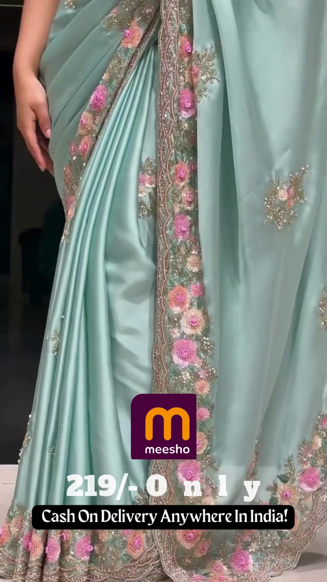 Soft Mint Green Saree with Pink Floral Embroidery and Scalloped Border - Designer Pastel Ethnic Wear