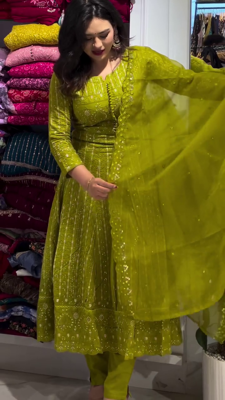 Radiant Lime Green Anarkali Gown with Intricate Zari and Mirror Embroidery - Grand Festive Ethnic Gown