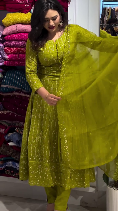 Radiant Lime Green Anarkali Gown with Intricate Zari and Mirror Embroidery - Grand Festive Ethnic Gown