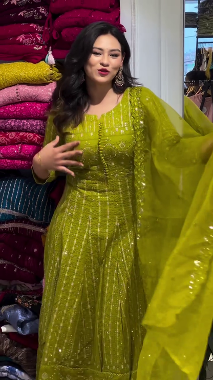 Radiant Lime Green Anarkali Gown with Intricate Zari and Mirror Embroidery - Grand Festive Ethnic Gown