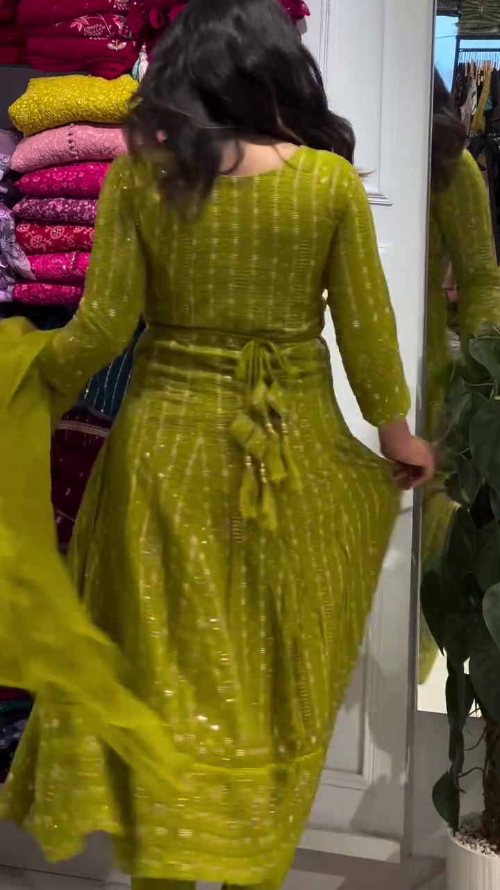 Radiant Lime Green Anarkali Gown with Intricate Zari and Mirror Embroidery - Grand Festive Ethnic Gown