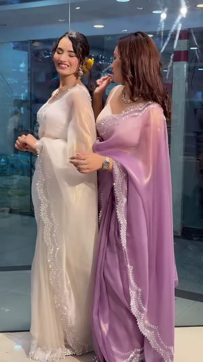 Designer Scalloped Border Chiffon Saree with Shimmering Sequin Embroidery - Elegant Wedding & Party Wear