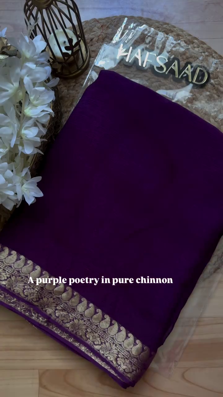 Royal Deep Purple Pure Chinnon Saree with Ornate Gold Zari Paisley Border - Traditional Festive Collection