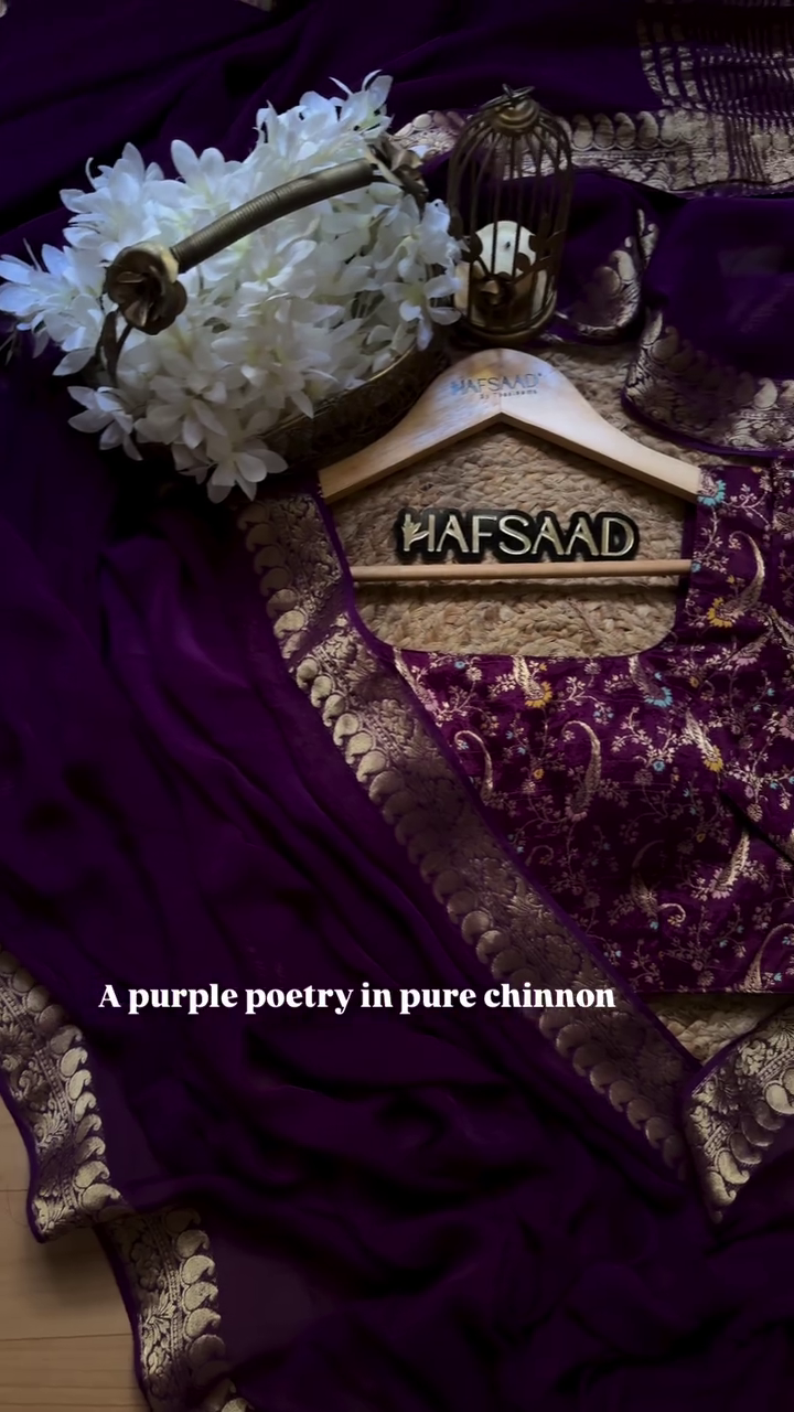 Royal Deep Purple Pure Chinnon Saree with Ornate Gold Zari Paisley Border - Traditional Festive Collection