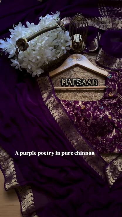 Royal Deep Purple Pure Chinnon Saree with Ornate Gold Zari Paisley Border - Traditional Festive Collection