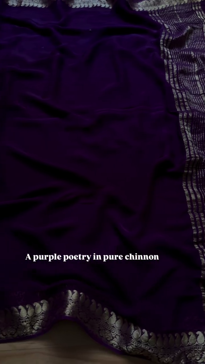 Royal Deep Purple Pure Chinnon Saree with Ornate Gold Zari Paisley Border - Traditional Festive Collection