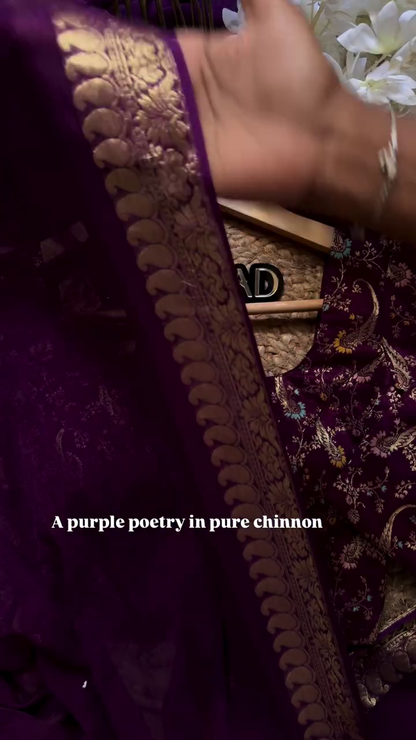 Royal Deep Purple Pure Chinnon Saree with Ornate Gold Zari Paisley Border - Traditional Festive Collection