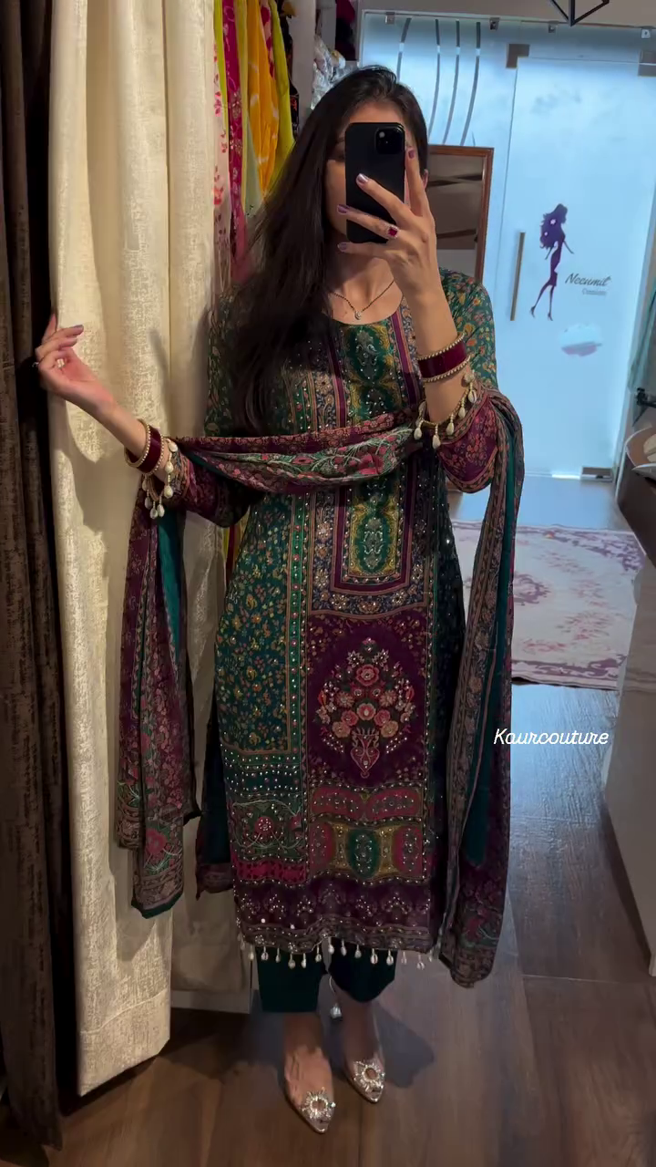 Dark Teal Green Ethnic Suit Set with Ornate Multi-Color Prints and Mirror Work Dupatta - Festive Wear