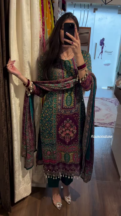 Dark Teal Green Ethnic Suit Set with Ornate Multi-Color Prints and Mirror Work Dupatta - Festive Wear