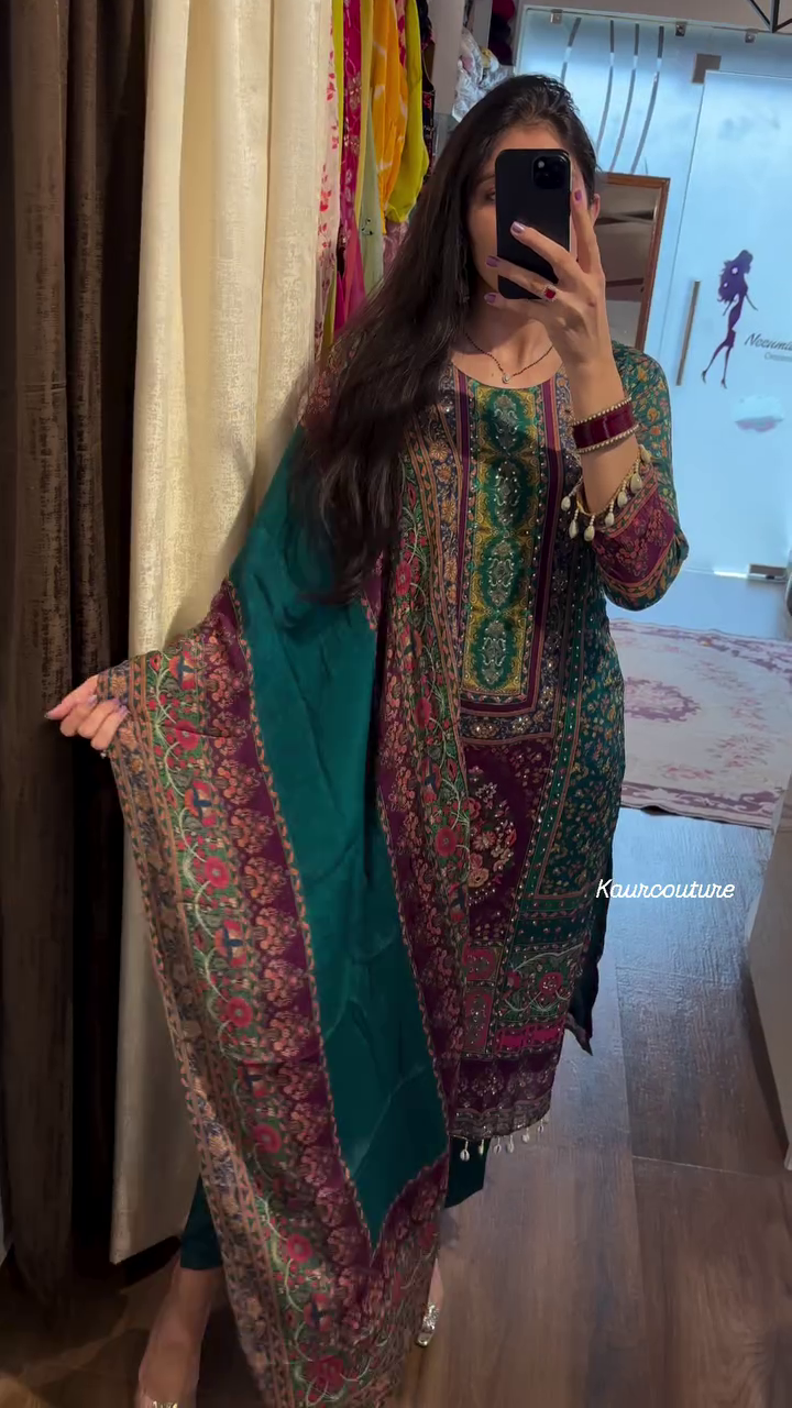 Dark Teal Green Ethnic Suit Set with Ornate Multi-Color Prints and Mirror Work Dupatta - Festive Wear