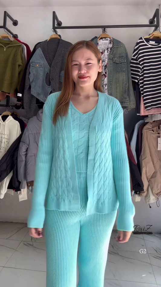 Aqua Blue Cable Knit Cardigan and Trouser Co-ord Set - Premium Winter Lounge & Casual Wear