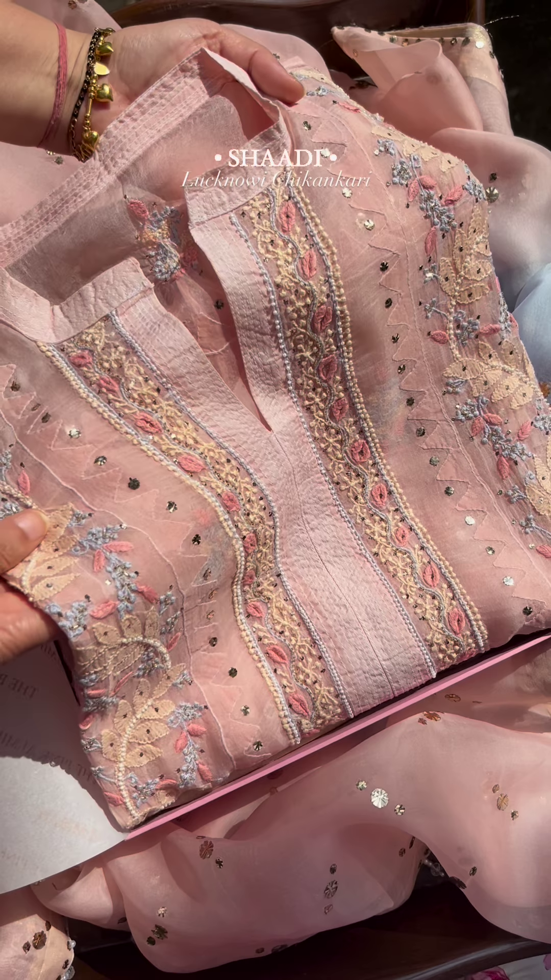 Peach Organza Lucknowi Chikankari Kurta with Hand-Embroidered Floral Motifs and Sequin Accents