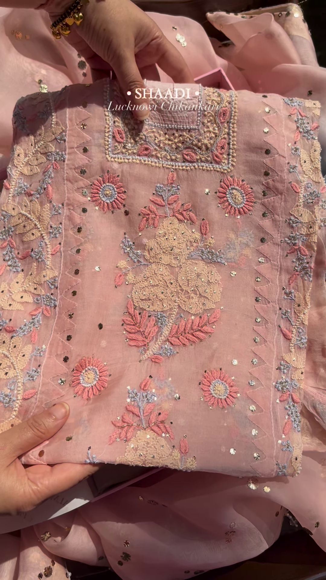 Peach Organza Lucknowi Chikankari Kurta with Hand-Embroidered Floral Motifs and Sequin Accents
