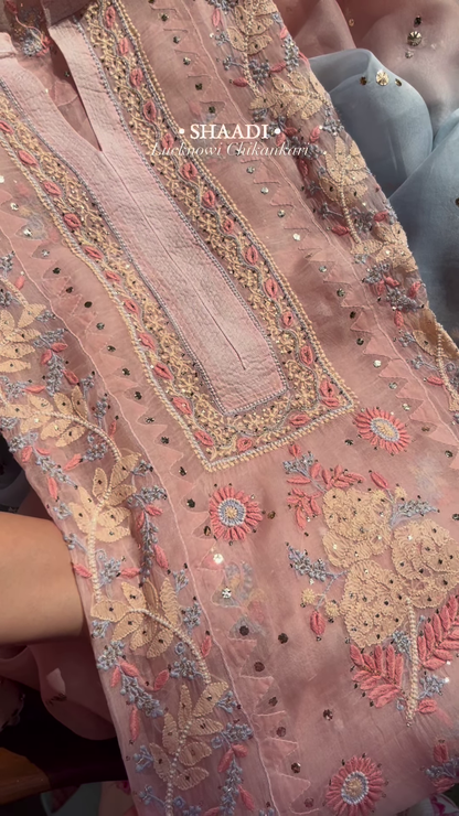 Peach Organza Lucknowi Chikankari Kurta with Hand-Embroidered Floral Motifs and Sequin Accents