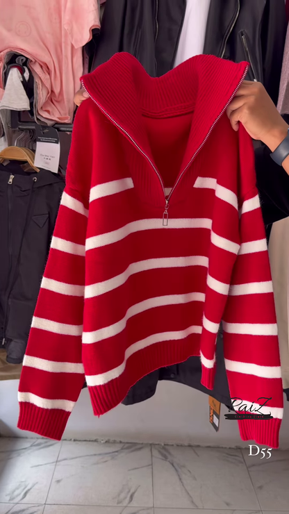 Red and White Striped Half-Zip Knit Sweater with Oversized Collar - Trendy Winter Streetwear