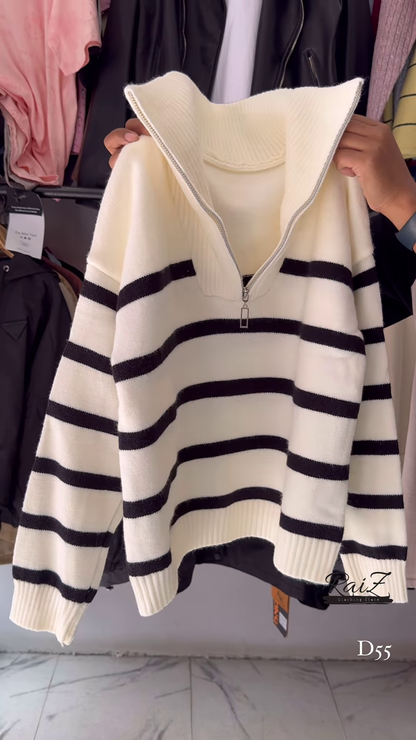 Red and White Striped Half-Zip Knit Sweater with Oversized Collar - Trendy Winter Streetwear