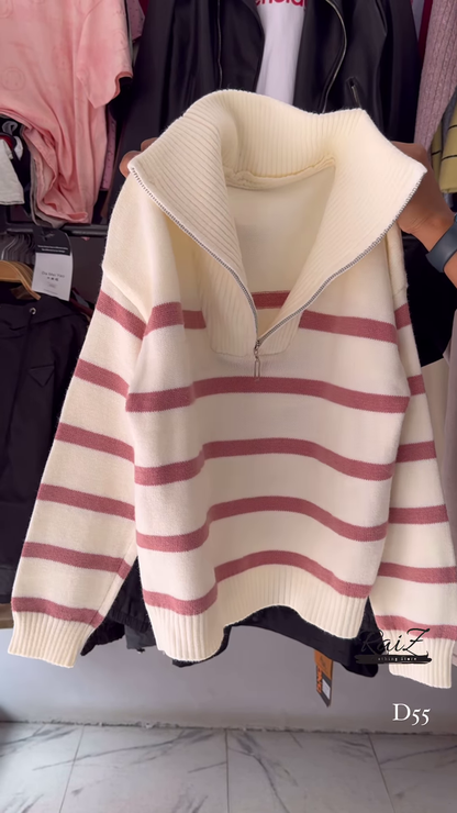 Red and White Striped Half-Zip Knit Sweater with Oversized Collar - Trendy Winter Streetwear