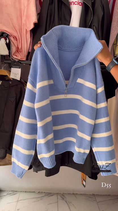Red and White Striped Half-Zip Knit Sweater with Oversized Collar - Trendy Winter Streetwear