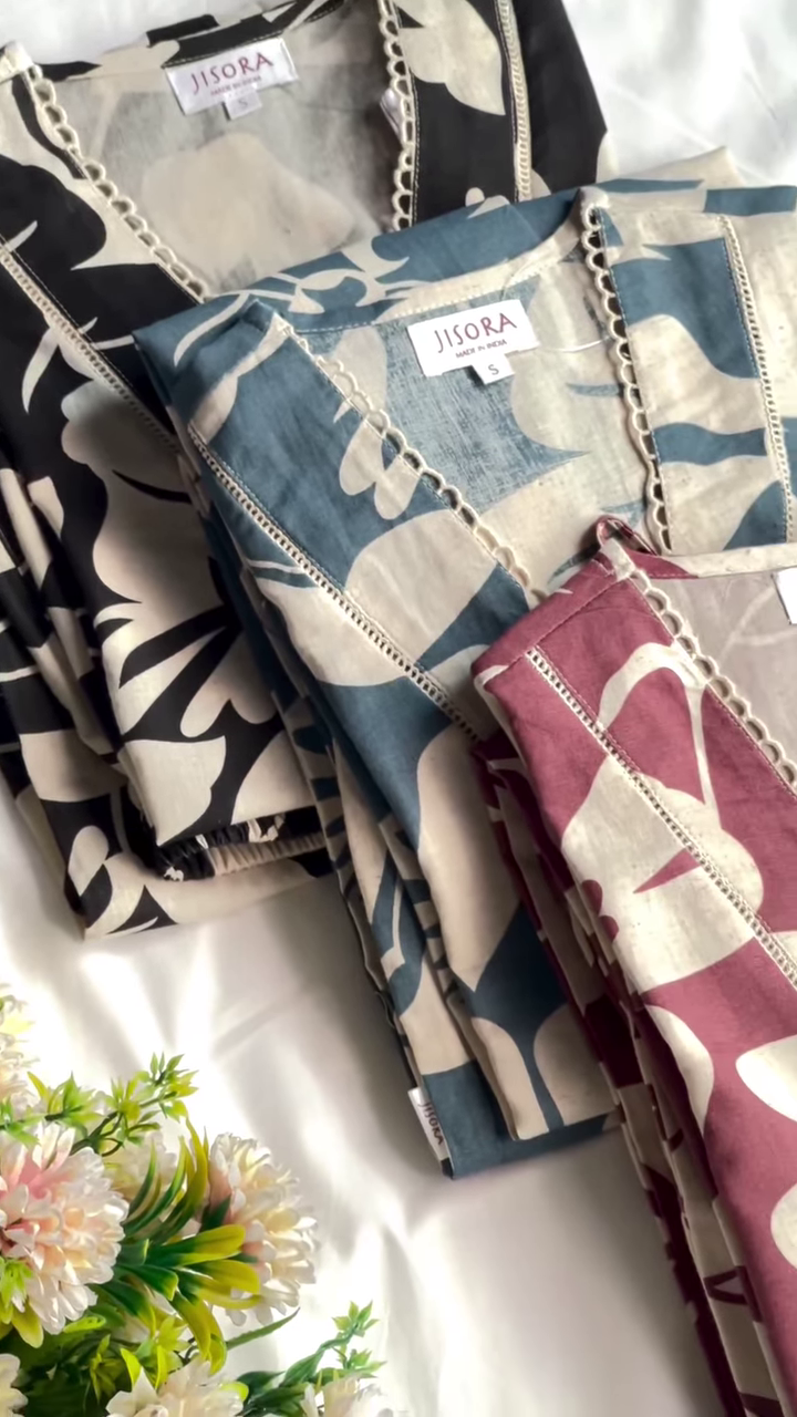 Dark Charcoal and Beige Leaf Print V-Neck Kaftan Kurta with Lace Bordering - Chic Resort & Ethnic Wear