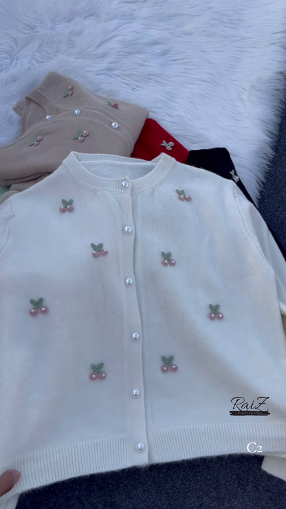 Pastel Cherry Embroidered Button-Down Cardigans with Pearl Buttons - Aesthetic Winter Knitwear Collection