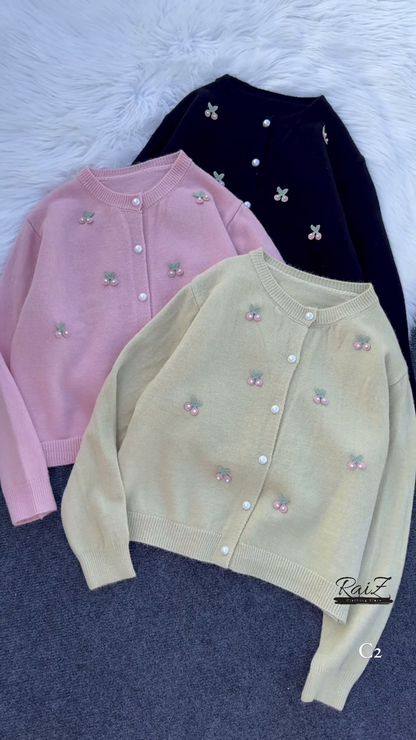 Pastel Cherry Embroidered Button-Down Cardigans with Pearl Buttons - Aesthetic Winter Knitwear Collection
