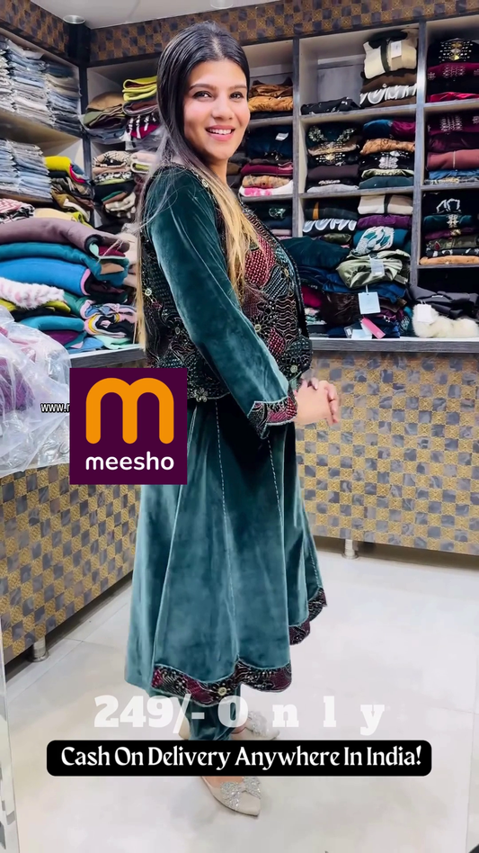 Deep Emerald Green Velvet Suit Set with Multi-Color Embroidered Koti Jacket – Premium Winter Festive Wear