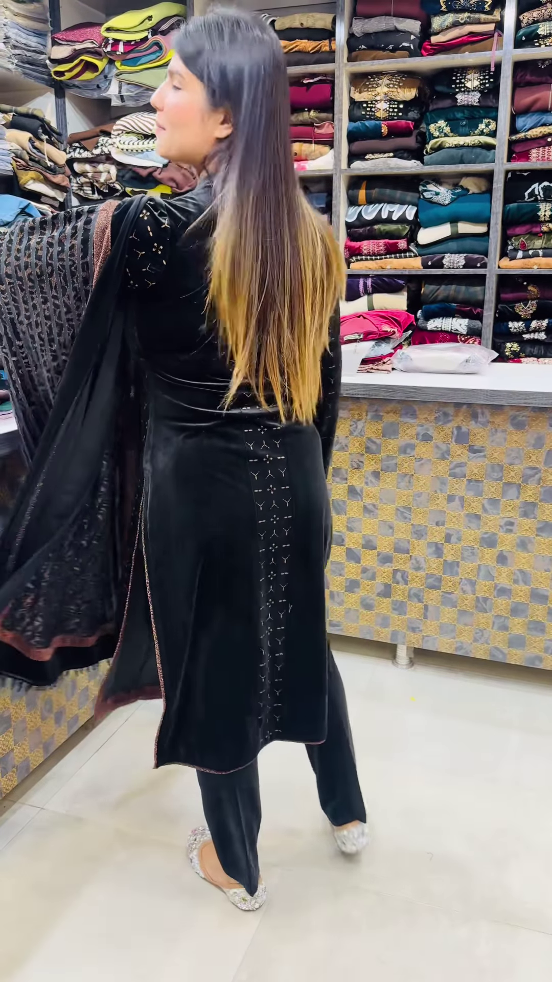 Luxury Black Velvet Kurta with Gold Floral Embroidery and Matching Sheer Dupatta – Elegant Evening Suit