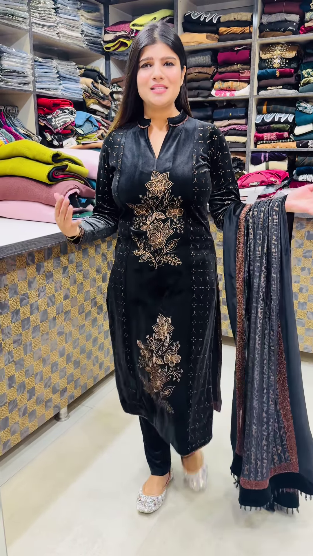Luxury Black Velvet Kurta with Gold Floral Embroidery and Matching Sheer Dupatta – Elegant Evening Suit