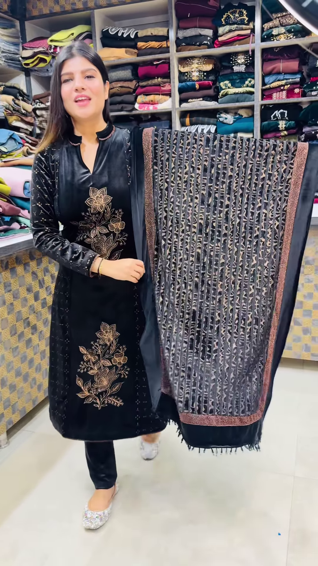 Luxury Black Velvet Kurta with Gold Floral Embroidery and Matching Sheer Dupatta – Elegant Evening Suit