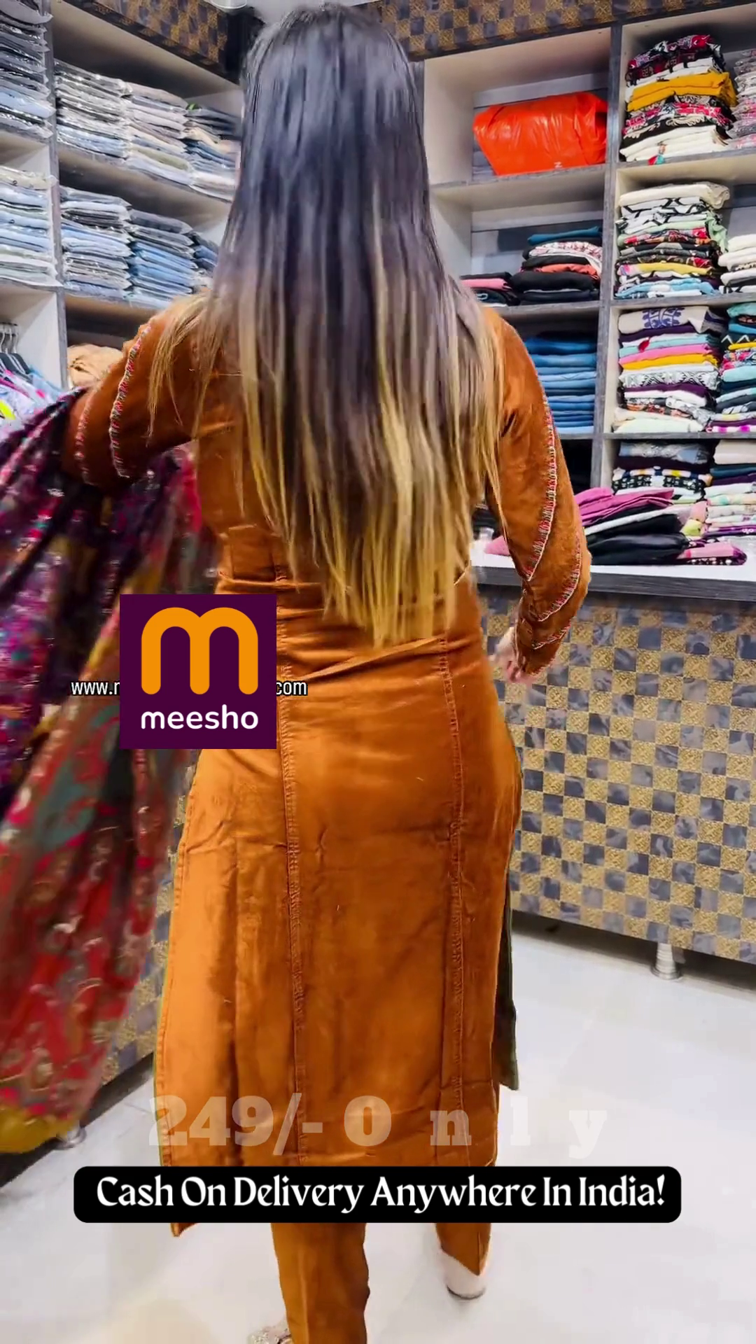 Rich Mustard Brown Velvet Suit with Multi-Color Printed Pashmina-Style Dupatta – Traditional Winter Ensemble